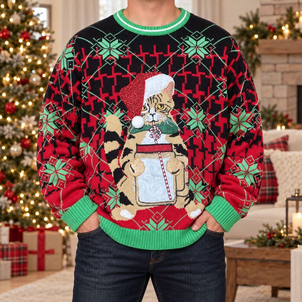 Celebrate Together Cat Ugly Christmas Sweater Men’s 4XB 3D Holiday